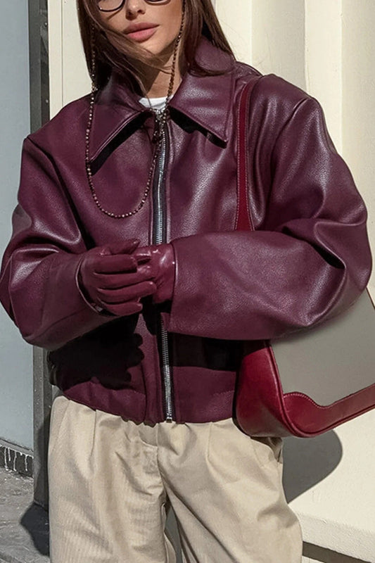 Women’s Jacket – PU Leather – Relaxed Fit – Zip Front – Structured Collar – Waist Length