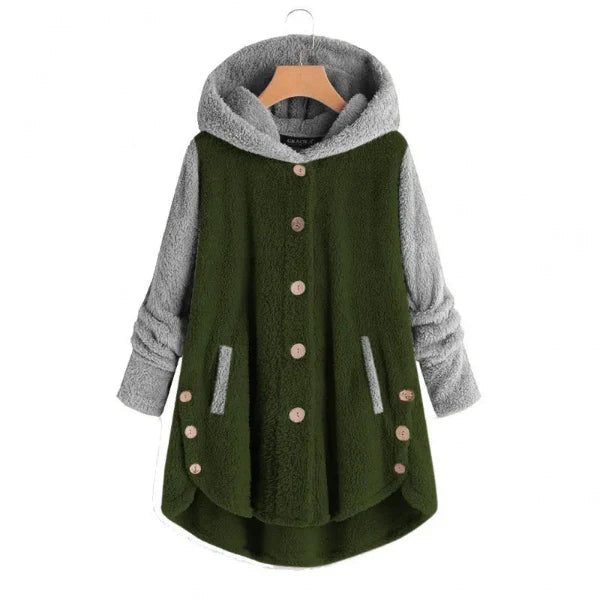 Women’s Hooded Coat – Oversized Fit – Fuzzy Fleece – Button Front – Asymmetrical Hem