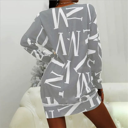 Women’s Mini Dress – Relaxed Fit – Long Sleeve – Bold Letter Print – Cotton Blend