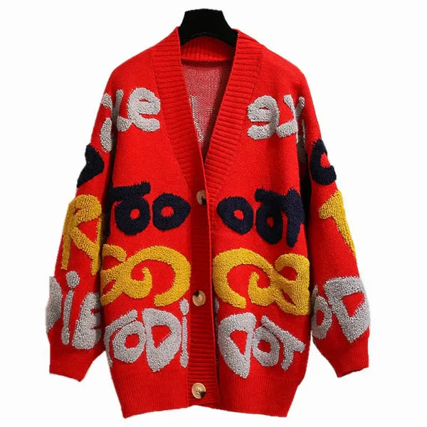 Women’s Knit Cardigan – Oversized Fit – Wool Blend – Bold Letter Pattern – Button Front