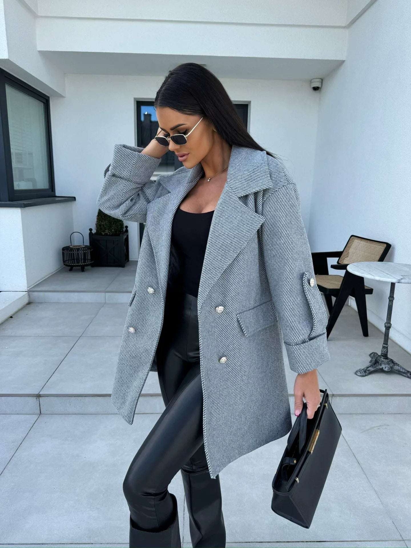 Women’s Wool Coat – H-Line Fit – Double-Breasted – Blazer Collar Knee-Length