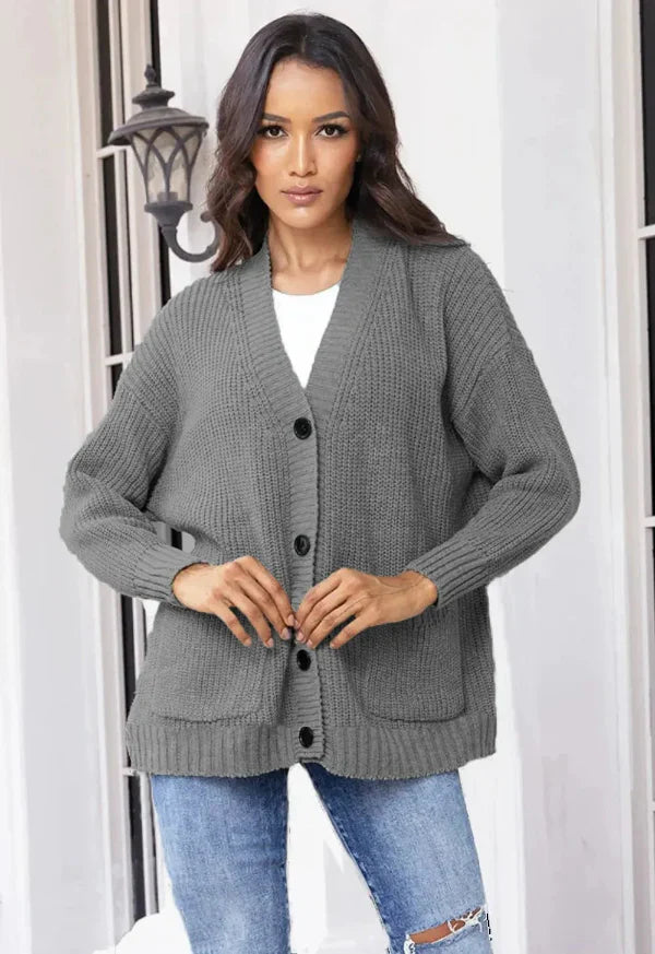 Women’s Cardigan – Wool Knit – Oversized Fit – V-Neck – Button Front – Mid Length