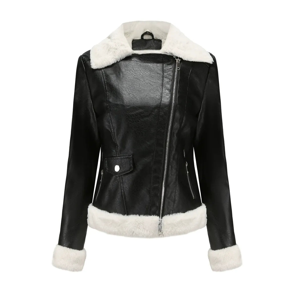 Women’s Faux Leather Jacket – Structured Fit – Faux Fur Trim – Asymmetrical Zip