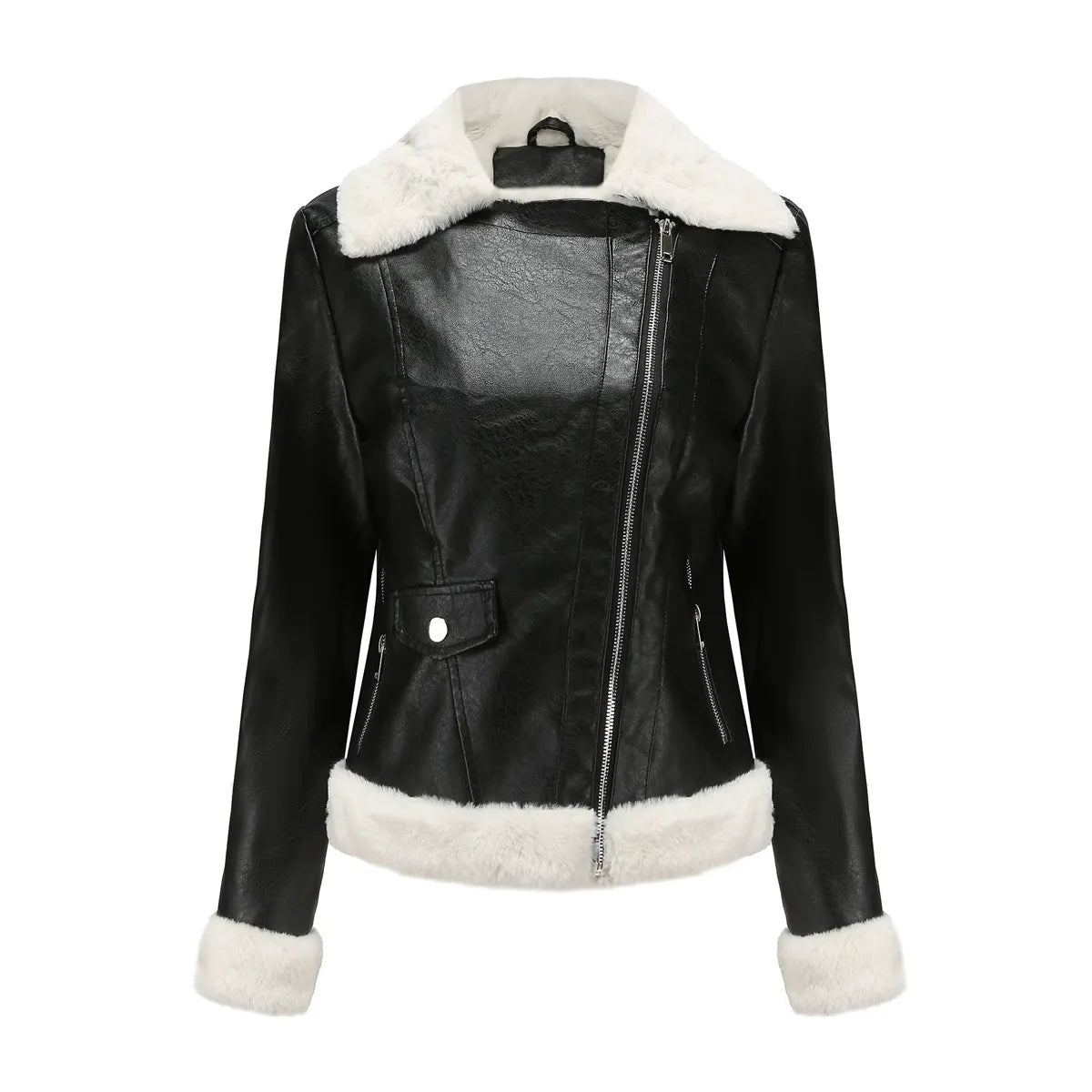 Women’s Faux Leather Jacket – Structured Fit – Faux Fur Trim – Asymmetrical Zip