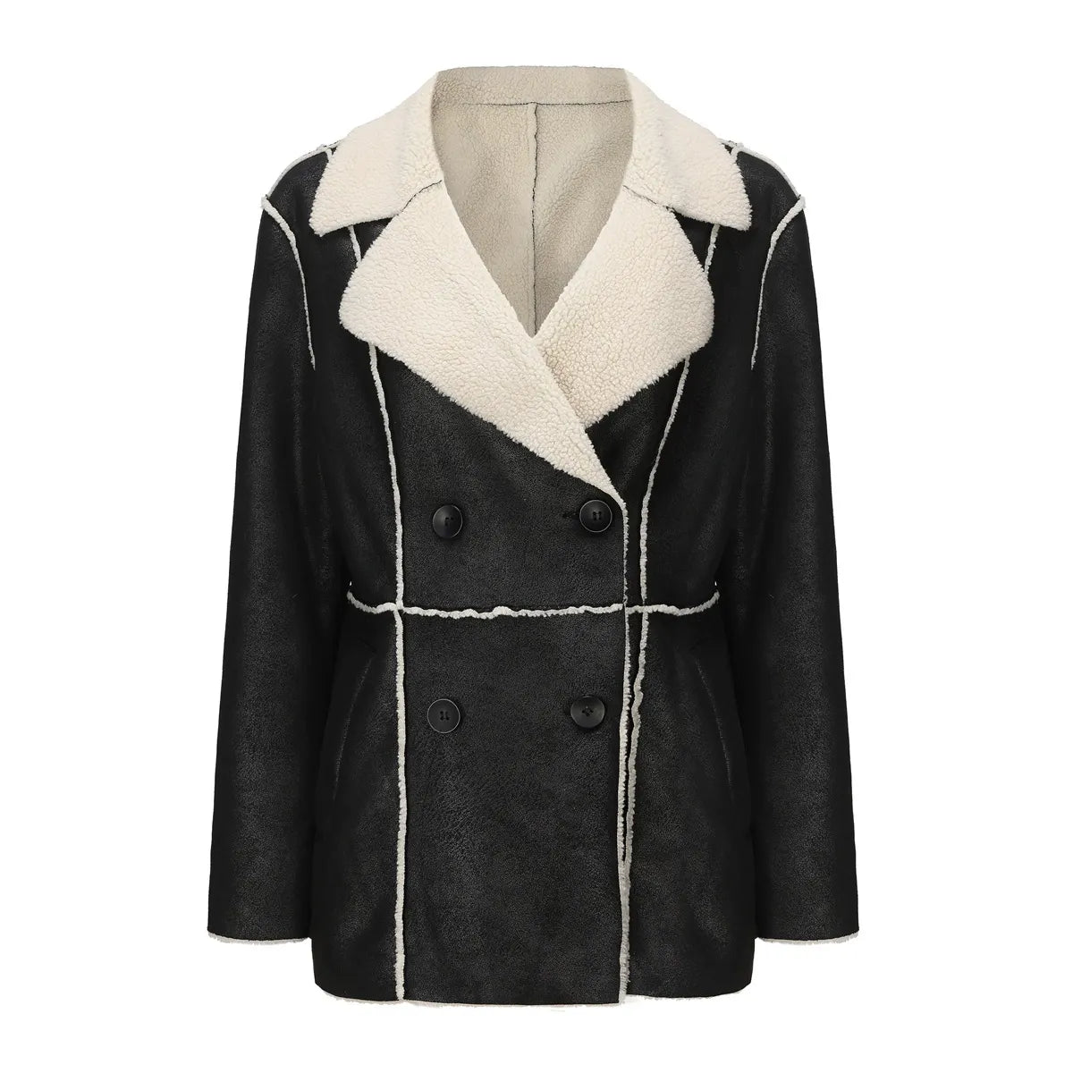 Women’s Double-Breasted Coat – Relaxed Fit – Sherpa Lined Faux Suede – Mid Length
