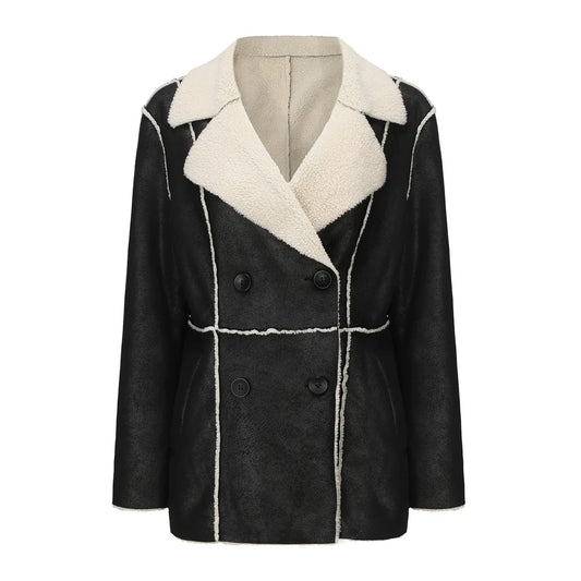 Women’s Double-Breasted Coat – Relaxed Fit – Sherpa Lined Faux Suede – Mid Length