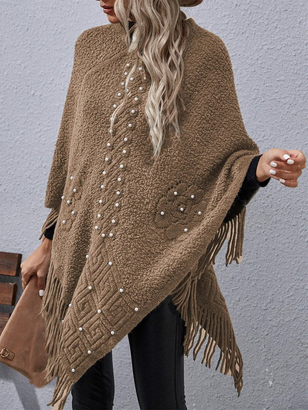 Women’s Poncho – Wool Blend – Loose Fit – Beaded Fringe – Asymmetric Hem – Mid Length