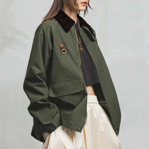 Women’s Oversized Jacket – Corduroy Collar – D-ring Detail – Flap Pockets – Hip Length