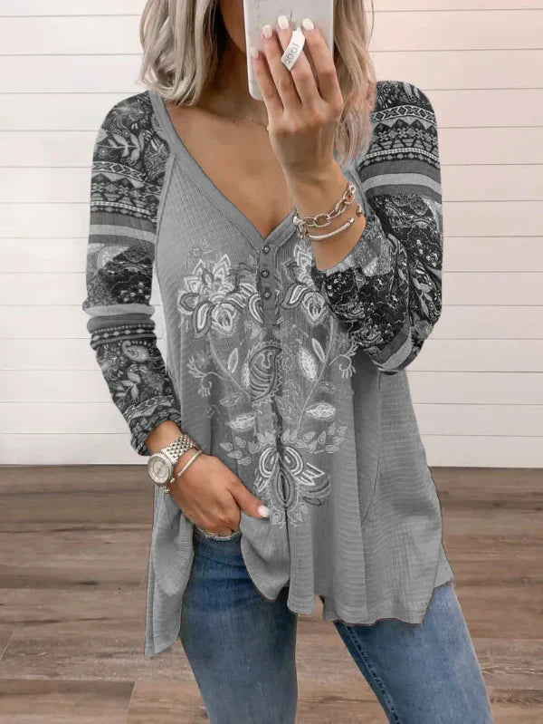 Women’s Long Sleeve T-Shirt – Loose Fit – V-Neck – Printed Floral & Patterned Design