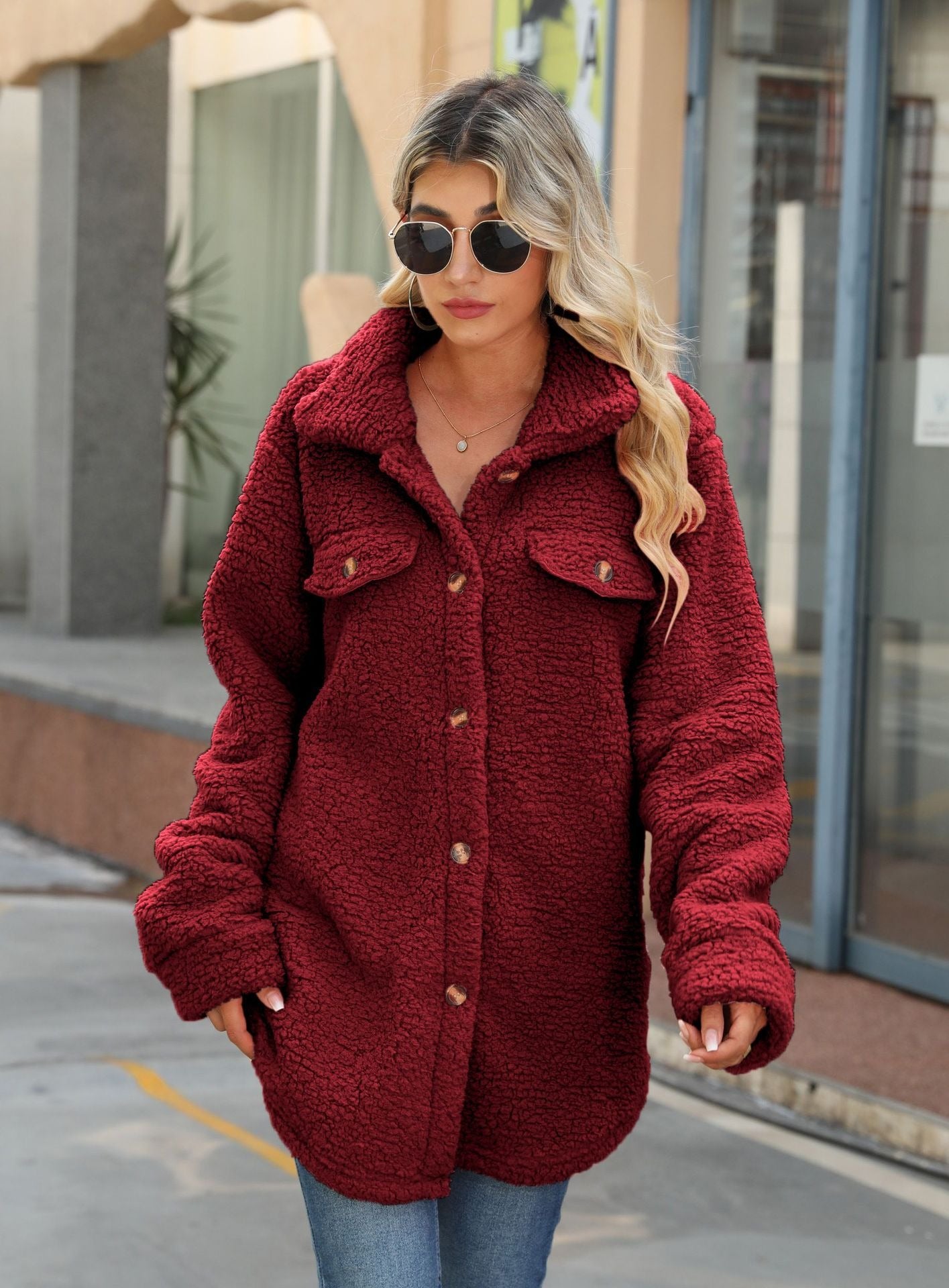 Women’s Shacket – Oversized Fit – Sherpa Fleece – Longline Button Front – Patch Pockets