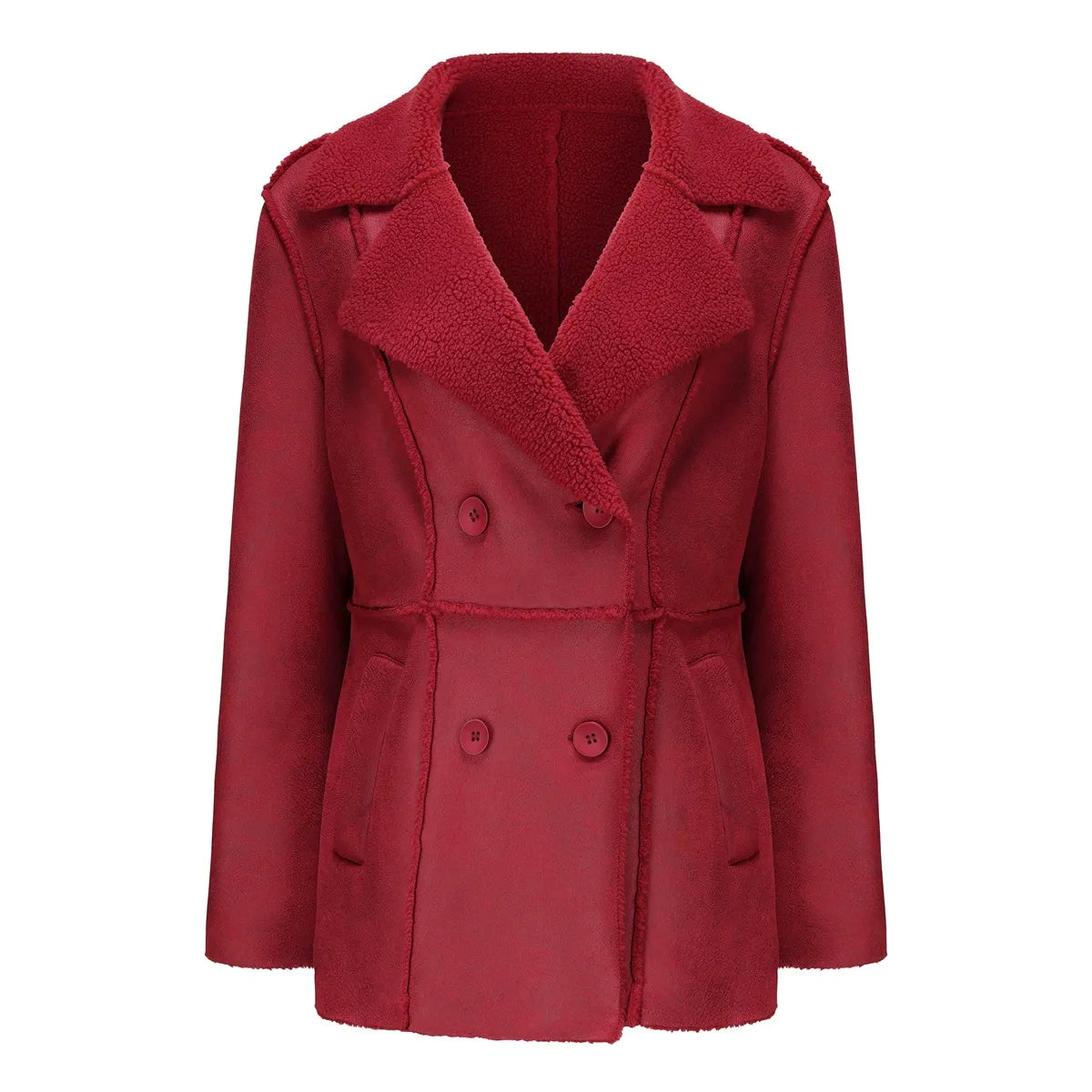 Women’s Double-Breasted Coat – Relaxed Fit – Sherpa Lined Faux Suede – Mid Length
