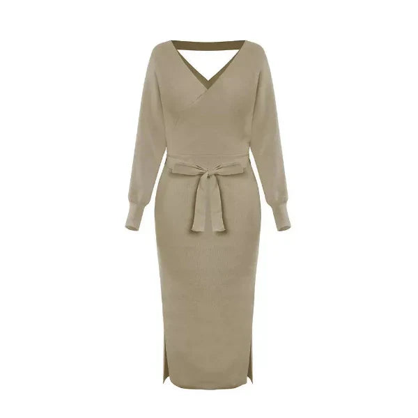 Women’s Sweater Dress – Slim Fit Knit – V-Neck – Self-Tie Waist – Midi Length – Long Sleeve