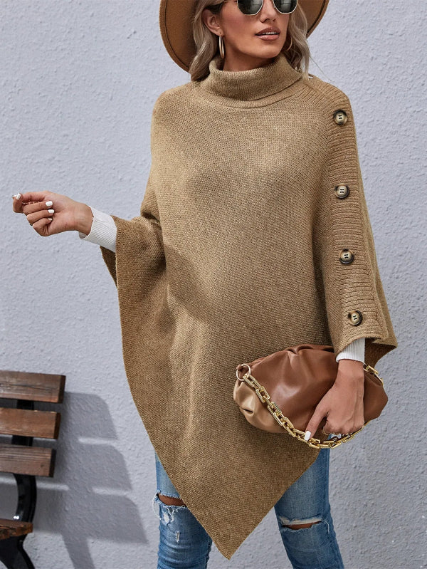 Women’s Cape Poncho – Wool Knit – High Collar – Oversized Fit – Button Detail