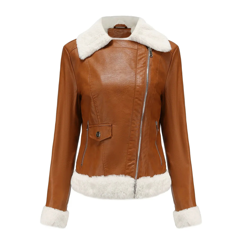 Women’s Faux Leather Jacket – Structured Fit – Faux Fur Trim – Asymmetrical Zip