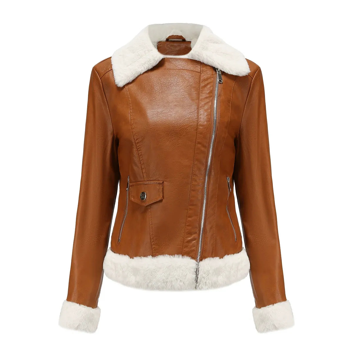 Women’s Faux Leather Jacket – Structured Fit – Faux Fur Trim – Asymmetrical Zip