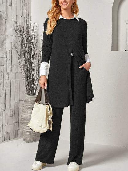 Women’s Two Piece Suit – Long Slit Top – Relaxed Fit Trousers – Soft Knit Feel