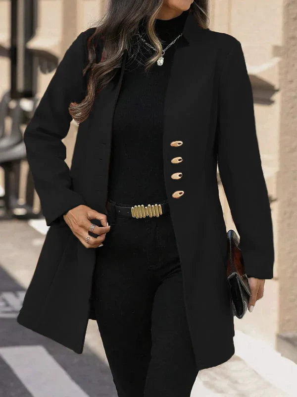 Women’s Mid-Length Coat – Slim Fit – Wool Blend – Classic Lapel – Button Front