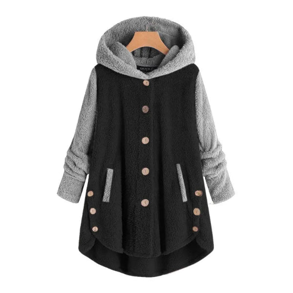 Women’s Hooded Coat – Oversized Fit – Fuzzy Fleece – Button Front – Asymmetrical Hem