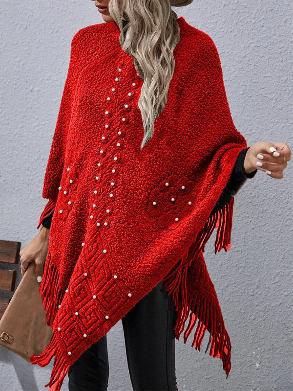 Women’s Poncho – Wool Blend – Loose Fit – Beaded Fringe – Asymmetric Hem – Mid Length