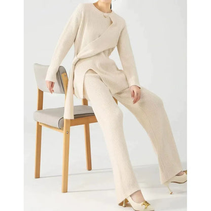 Women’s Knit Two-Piece Set – Relaxed Fit Sweater – Wide-Leg Ribbed Trousers – Soft Feel