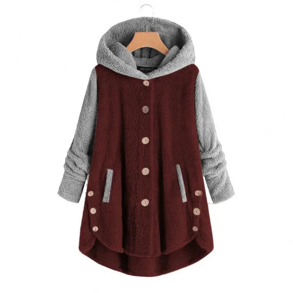 Women’s Hooded Coat – Oversized Fit – Fuzzy Fleece – Button Front – Asymmetrical Hem