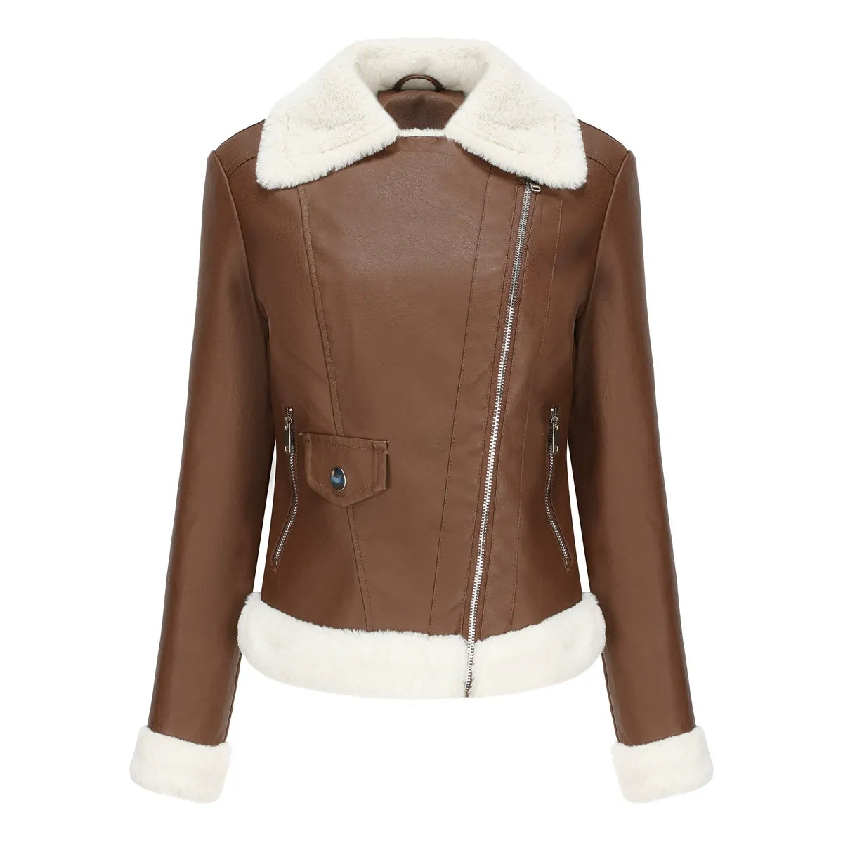 Women’s Faux Leather Jacket – Structured Fit – Faux Fur Trim – Asymmetrical Zip