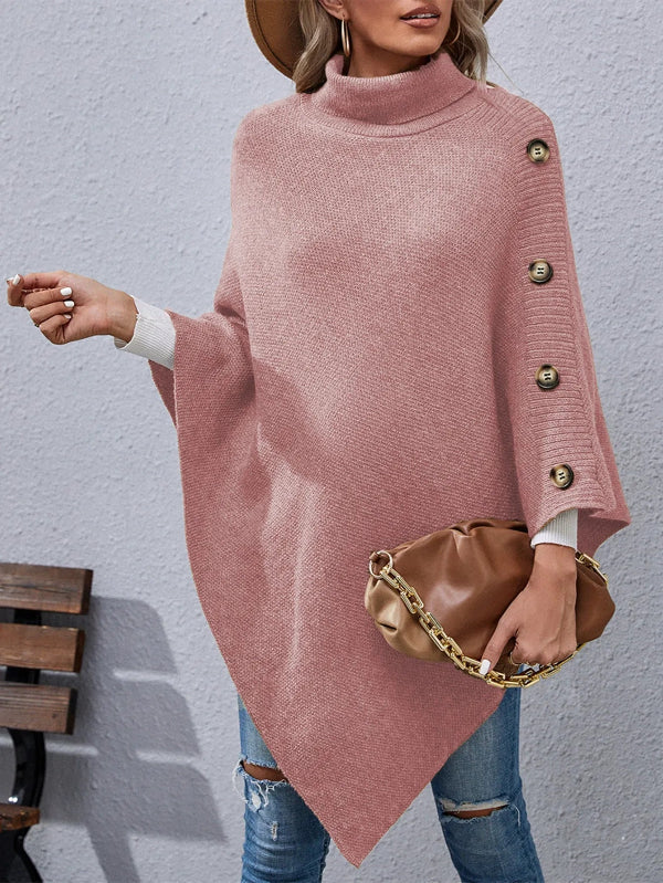 Women’s Cape Poncho – Wool Knit – High Collar – Oversized Fit – Button Detail