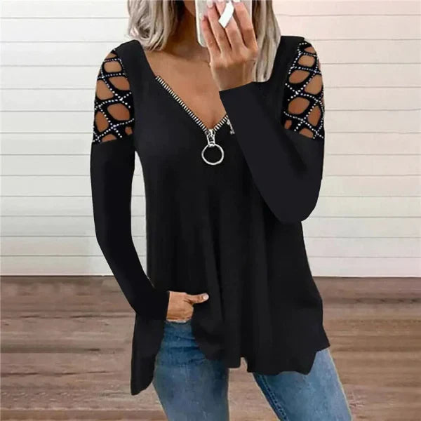 Women’s Casual Top – V-Neck with Zipper – Rhinestone Cold Shoulder – Relaxed Fit