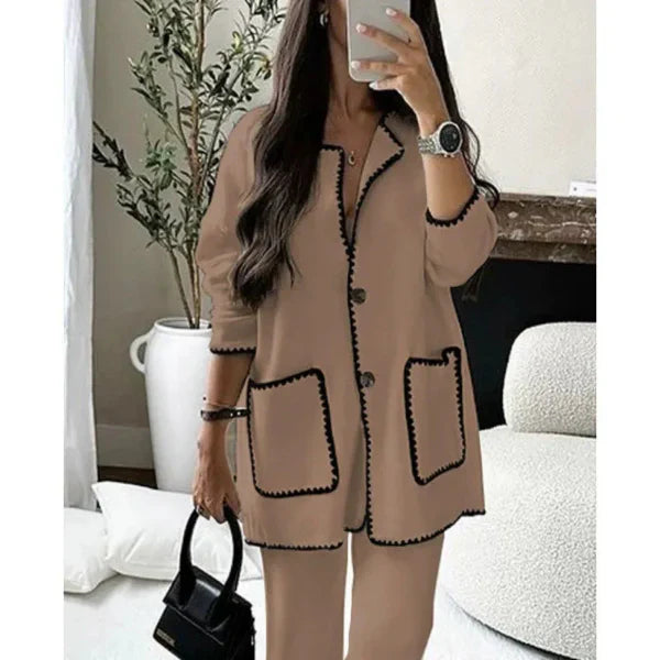 Women’s Two-Piece Set – Wool Blend – Relaxed Fit – Contrast Trim – Patch Pockets
