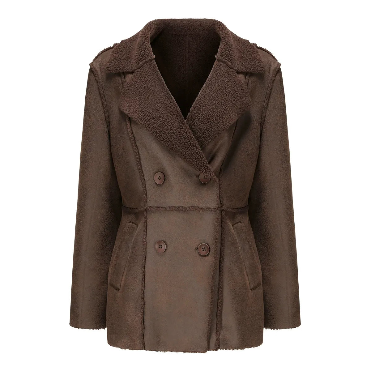 Women’s Double-Breasted Coat – Relaxed Fit – Sherpa Lined Faux Suede – Mid Length