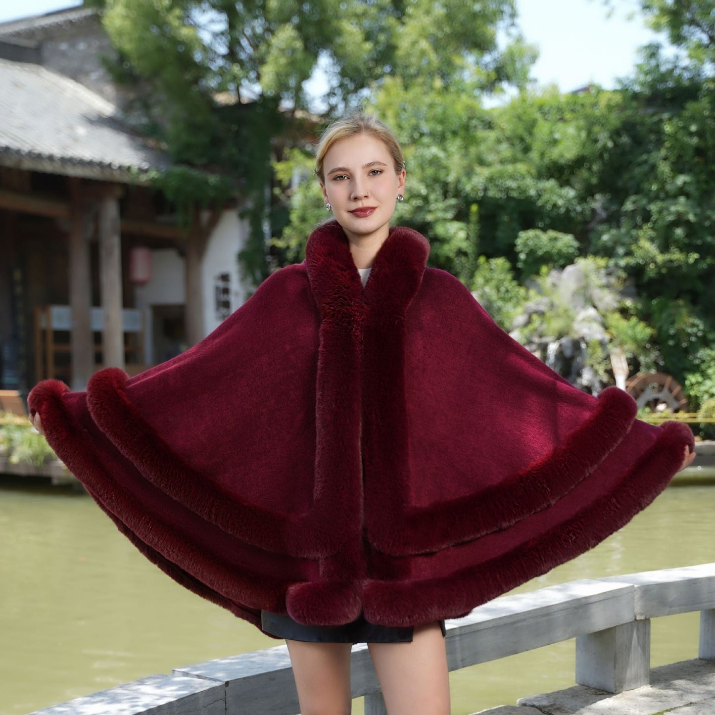 Women’s Cape Coat – Oversized Draped Fit – Faux Fur Trim – Mid-Length Wool Feel