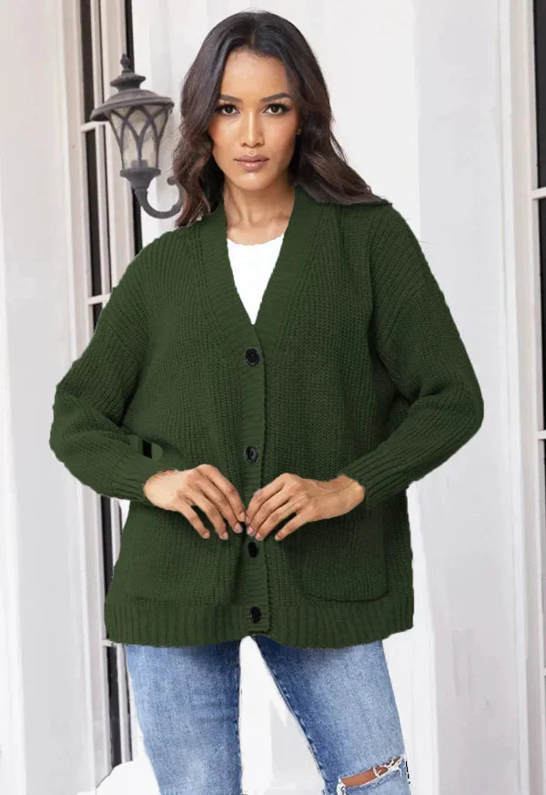 Women’s Cardigan – Wool Knit – Oversized Fit – V-Neck – Button Front – Mid Length
