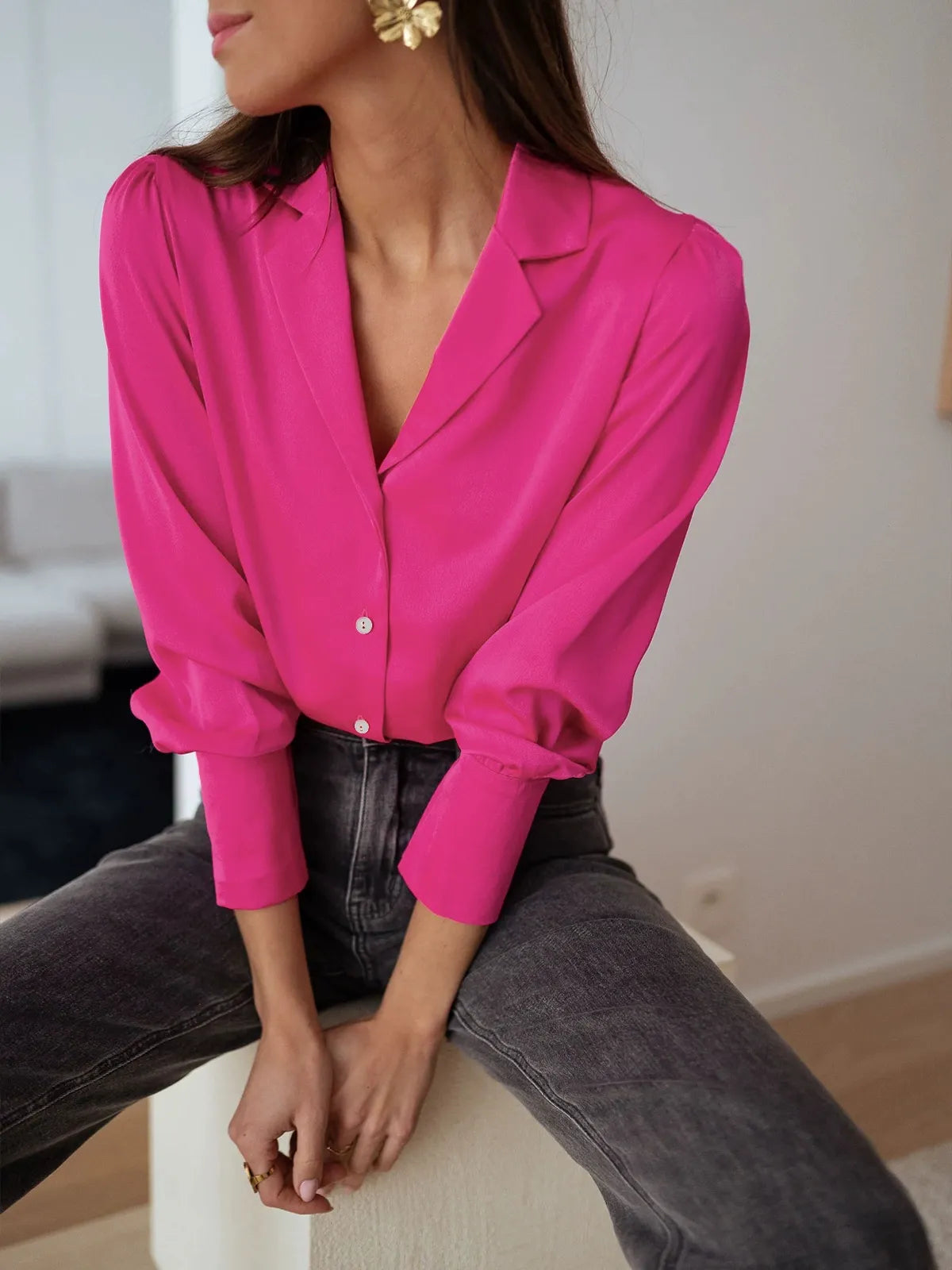 Women’s Blouse – Relaxed Fit – Button Down – Long Sleeve – Soft Draping Silk