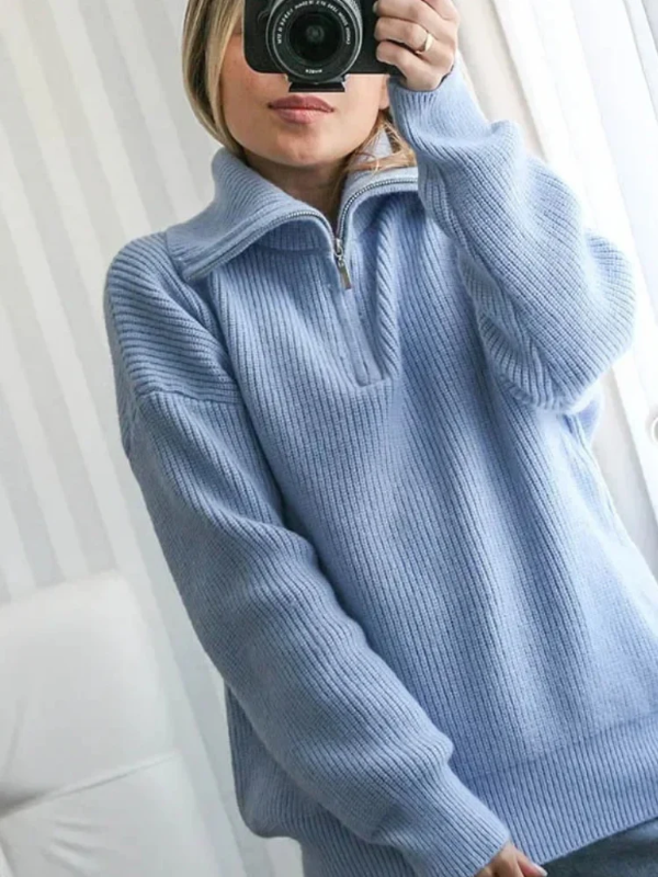 Women’s Pullover Sweater – Wool – Relaxed Fit – High Zip Collar – Ribbed Trim