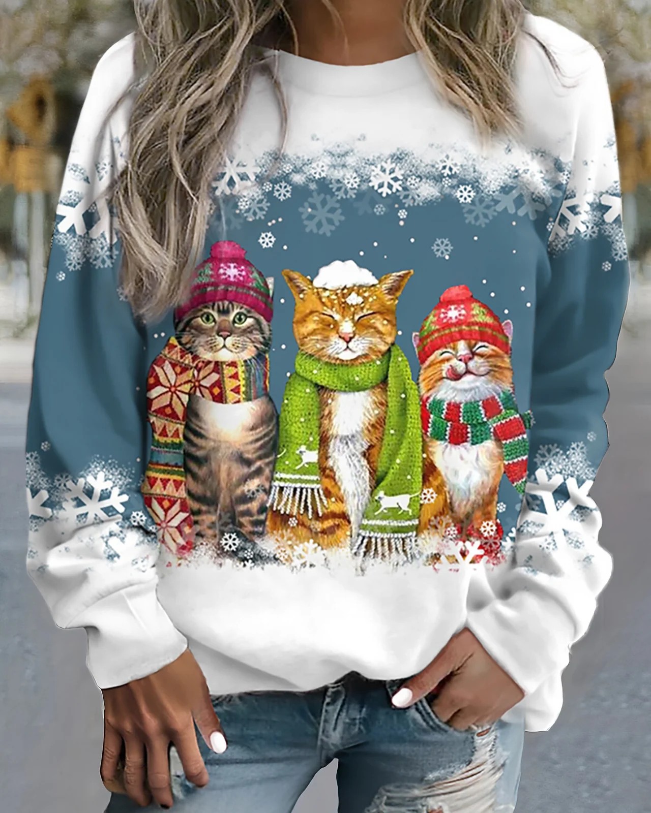Women’s Knit Sweatshirt – Loose Fit – Graphic Print – Ribbed Cuffs – Casual Style
