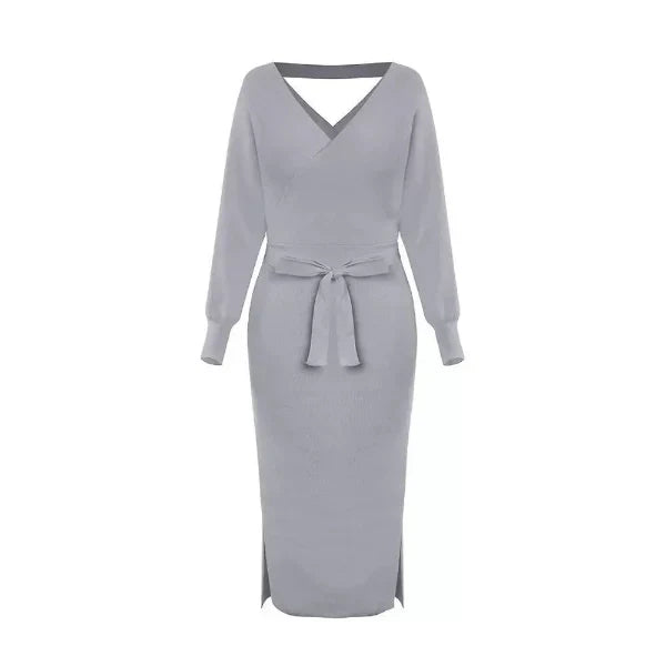 Women’s Sweater Dress – Slim Fit Knit – V-Neck – Self-Tie Waist – Midi Length – Long Sleeve