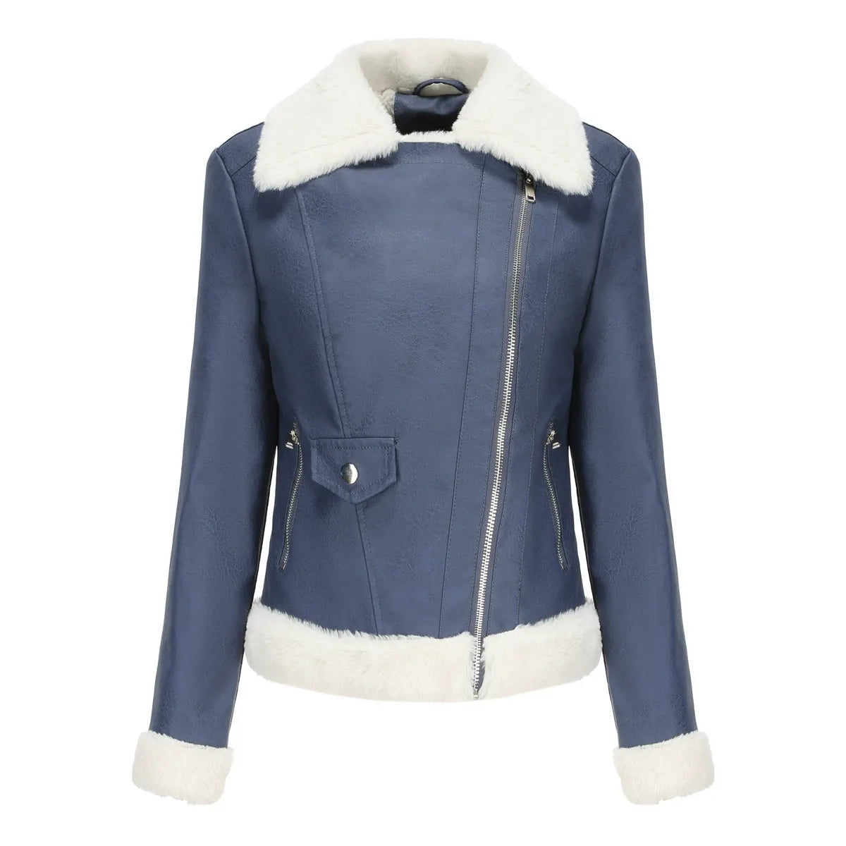 Women’s Faux Leather Jacket – Structured Fit – Faux Fur Trim – Asymmetrical Zip