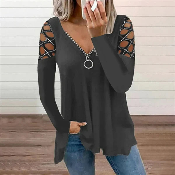 Women’s Casual Top – V-Neck with Zipper – Rhinestone Cold Shoulder – Relaxed Fit