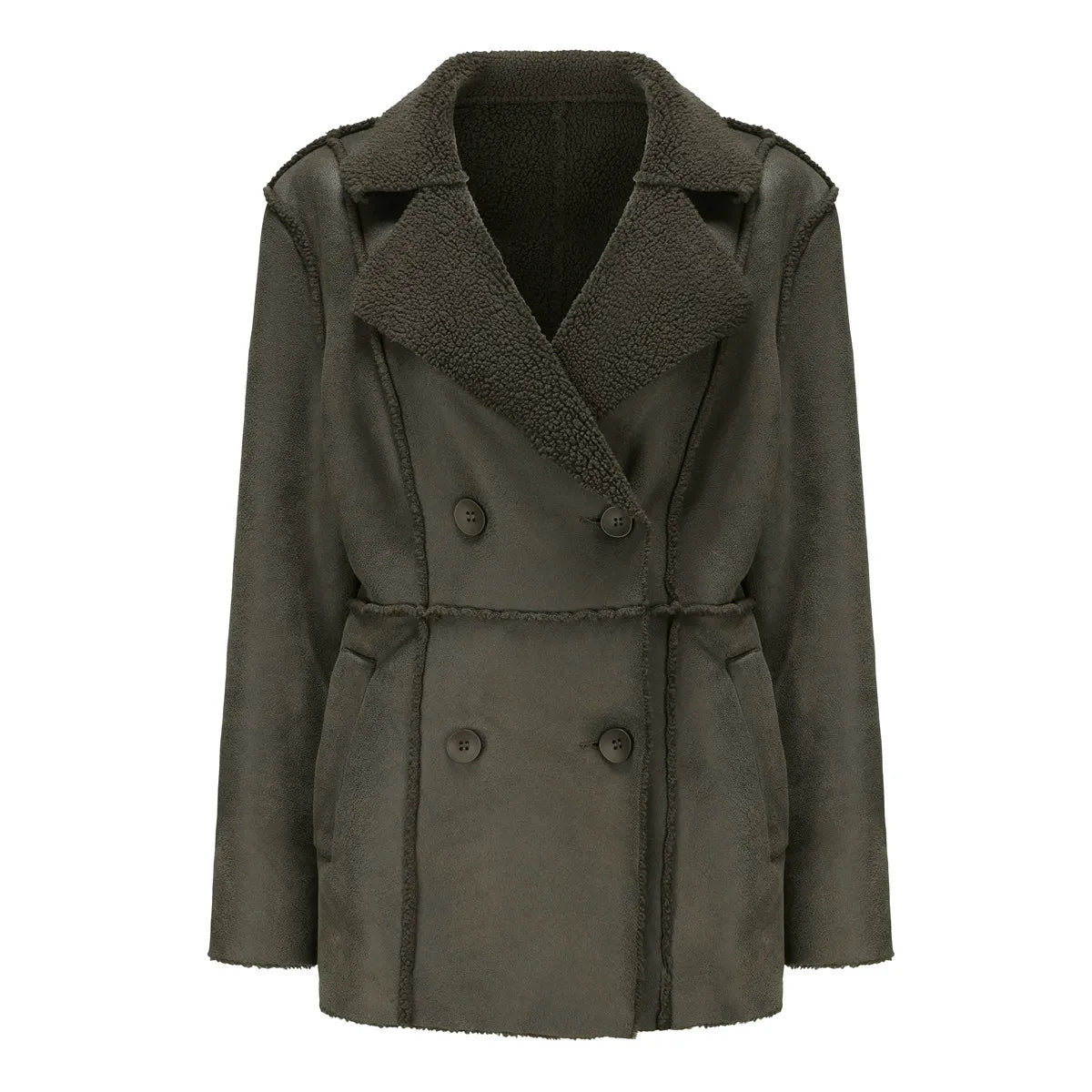 Women’s Double-Breasted Coat – Relaxed Fit – Sherpa Lined Faux Suede – Mid Length