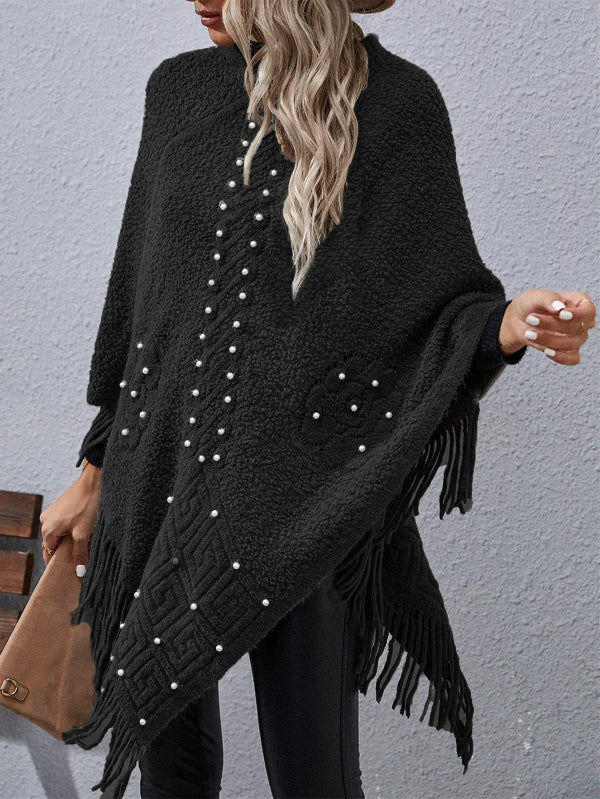 Women’s Poncho – Wool Blend – Loose Fit – Beaded Fringe – Asymmetric Hem – Mid Length