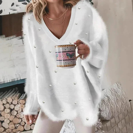 Women’s V-Neck Sweater – Oversized Fit – Fuzzy Texture – Pearl Embellished Casual Wear