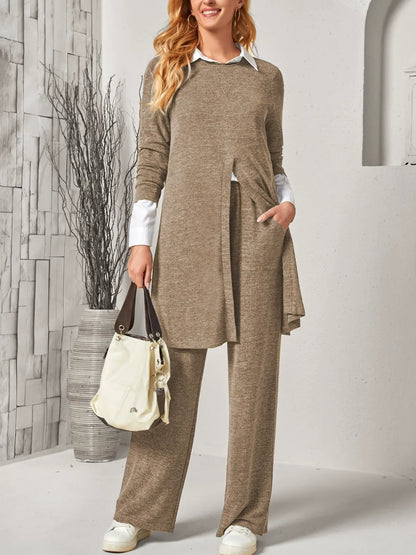 Women’s Two Piece Suit – Long Slit Top – Relaxed Fit Trousers – Soft Knit Feel