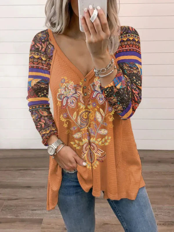 Women’s Long Sleeve T-Shirt – Loose Fit – V-Neck – Printed Floral & Patterned Design