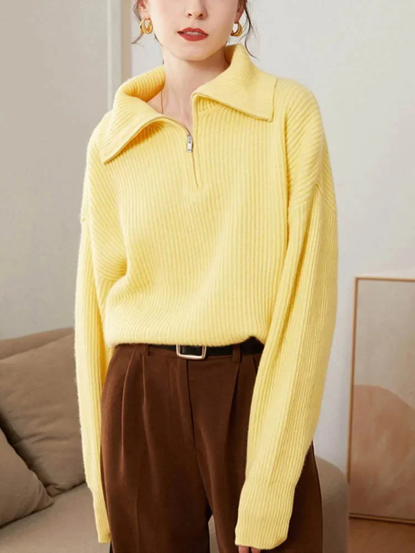 Women’s Pullover Sweater – Wool – Relaxed Fit – High Zip Collar – Ribbed Trim
