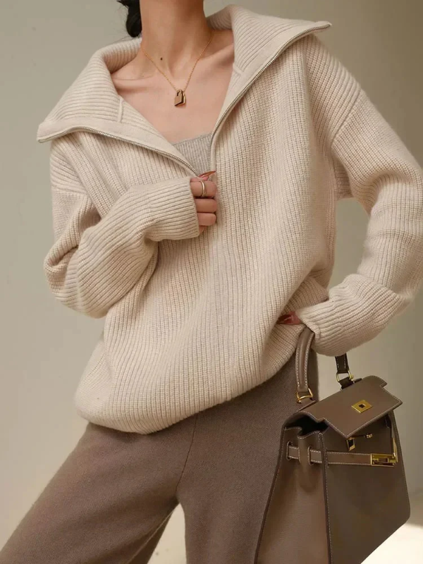 Women’s Pullover Sweater – Wool – Relaxed Fit – High Zip Collar – Ribbed Trim