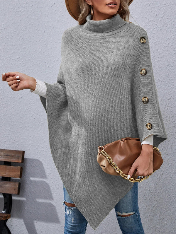 Women’s Cape Poncho – Wool Knit – High Collar – Oversized Fit – Button Detail