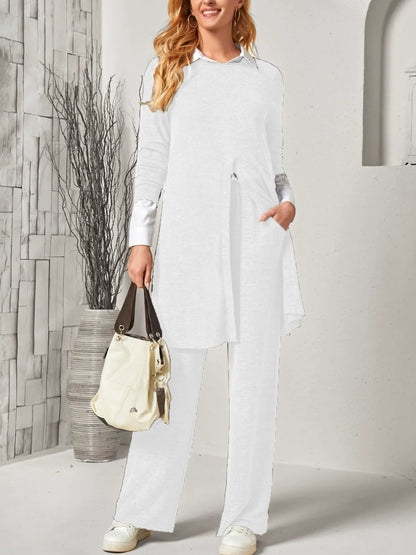 Women’s Two Piece Suit – Long Slit Top – Relaxed Fit Trousers – Soft Knit Feel