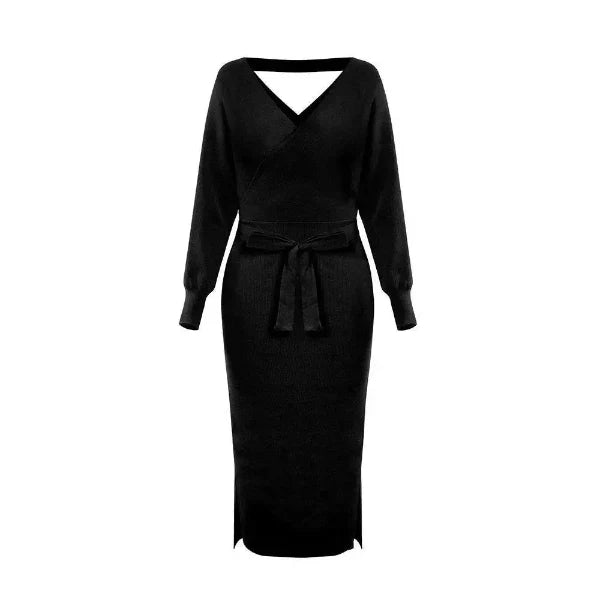 Women’s Sweater Dress – Slim Fit Knit – V-Neck – Self-Tie Waist – Midi Length – Long Sleeve