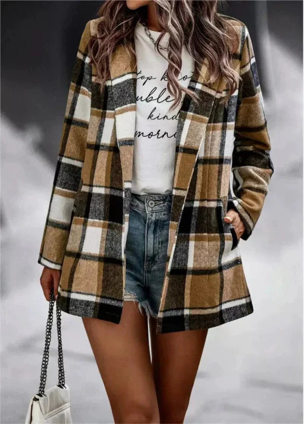 Women’s Cardigan Coat – Oversized Fit – Wool – Plaid Print – Mid Length – Open Front