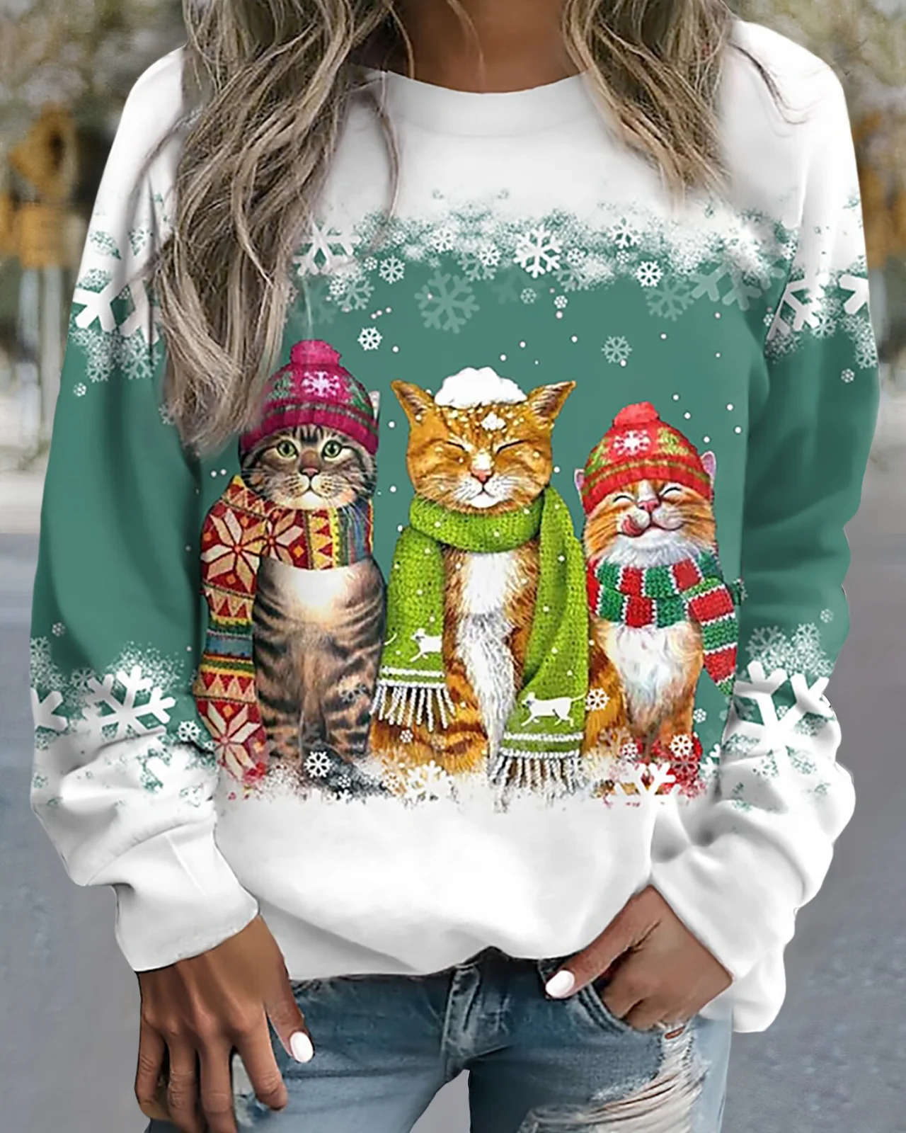 Women’s Knit Sweatshirt – Loose Fit – Graphic Print – Ribbed Cuffs – Casual Style